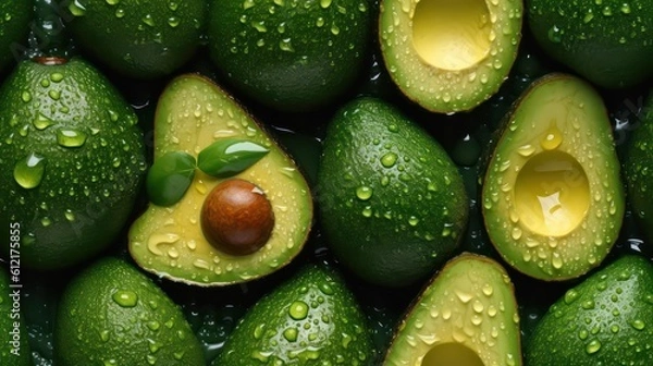 Fototapeta Many fresh avocado background adorned with some droplets of water for food magazine photography generative ai