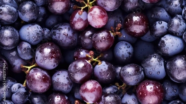 Obraz Many fresh purple grape background adorned with some droplets of water for food magazine photography generative ai