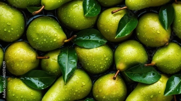 Fototapeta Many fresh pear background adorned with some droplets of water for food magazine photography generative ai