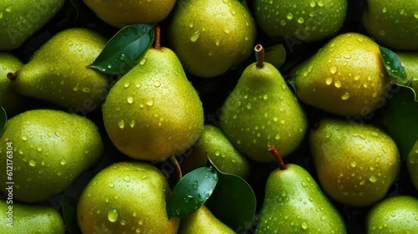 Fototapeta Many fresh pear background adorned with some droplets of water for food magazine photography generative ai