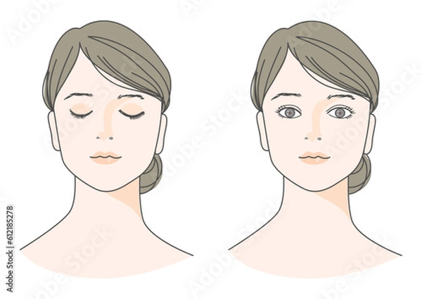 Obraz 目を閉じたまとめ髪の女性と目を開けた正面アップのイラストセット