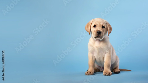 Fototapeta Labrador retriever dog on blue background (Generative AI)