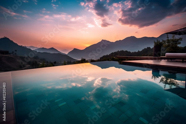 Fototapeta Luxurious Sunset Infinity Pool with Mountain View - Generative AI