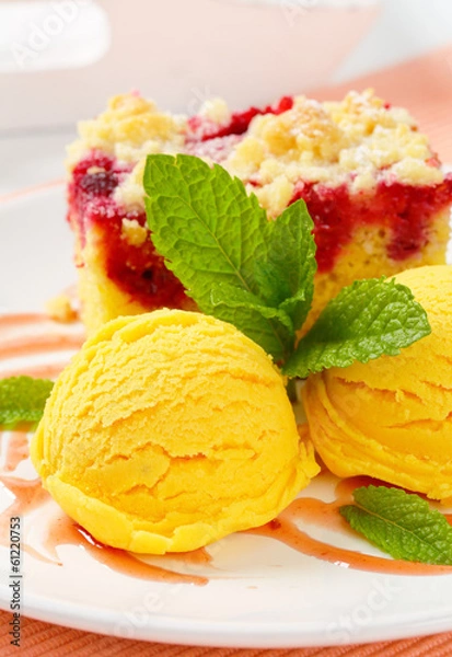 Obraz Raspberry cake with ice-cream