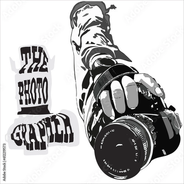 Obraz An image of a man holding camera in his hand. Black and white. 
Suitable design for creative arts, t shirt design, print on demand, poster template, business logo