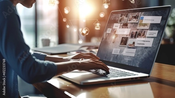 Fototapeta Freelance Social Media Online Content Modern job application, online job, content creation, woman using laptop Reading an online blog on a company office computer, blog, news