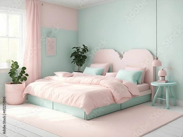 Fototapeta Minimalist bed Room with a cute Nostalgic pastel vibe, Generative AI.