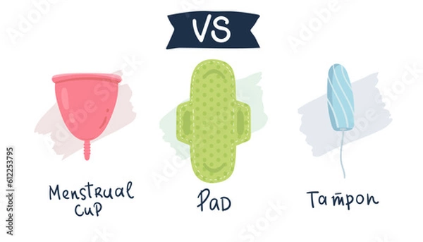 Fototapeta compare feminine hygiene products. Tampon vs pads vs menstrual cup. Menstrual protection, vector illustration. flat hand drawing