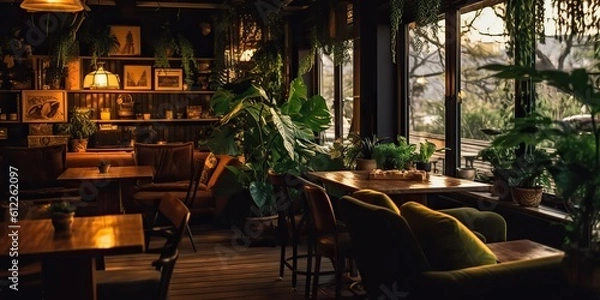 Obraz AI Generated. AI Generative. Indoor interior cozy luxury retro wooden cafe coffee shop with plants. Graphic Art