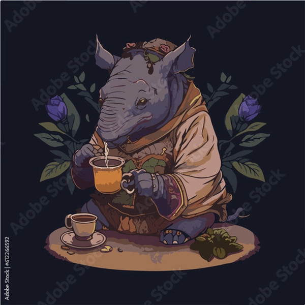 Obraz grumpy Rhinoceros drinking Artichoke tea, Rhinoceros character, artistic, print design, for t-shirt and case
