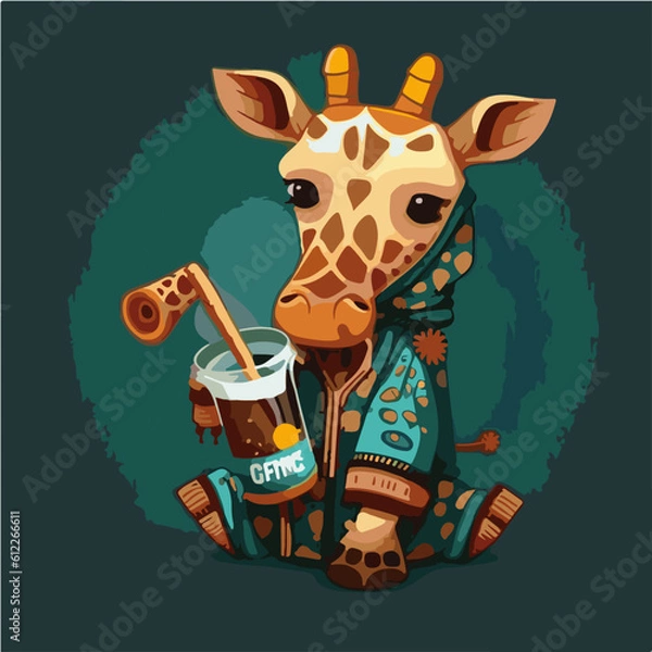 Obraz grumpy Giraffe drinking Tamarind juice, Giraffe character, artistic, print design, for t-shirt and case
