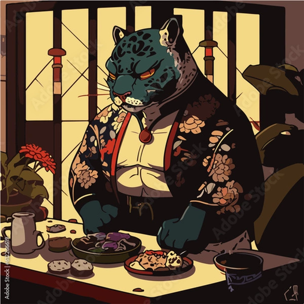 Obraz grumpy Panther eating Com Tam (Broken Rice with Grilled Pork), Panther character, artistic, print design, for t-shirt and case
