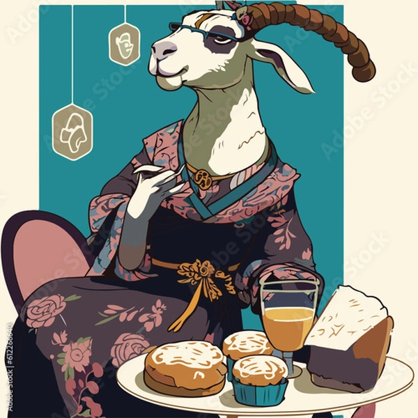 Obraz relax Goat eating Profiteroles, Goat character, artistic, print design, for t-shirt and case
