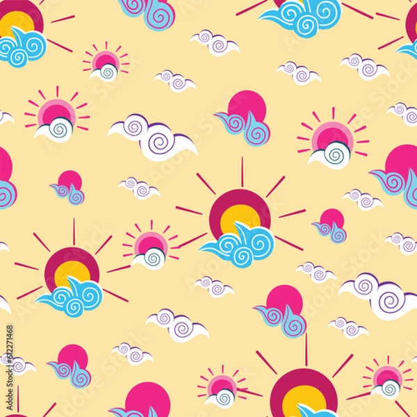 Fototapeta Sun and sea vector repeat pattern on yellow background