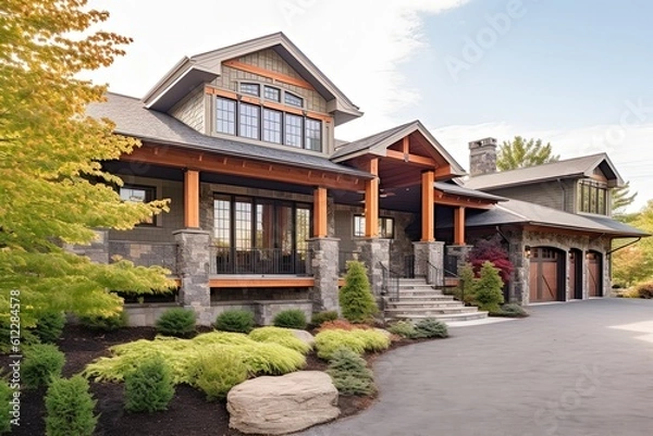Fototapeta Sleek and Enchanting: Recently Built House with Double Garage, Light Green Siding, and Natural Stone Porch, generative AI