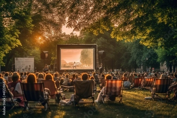 Fototapeta An open - air summer cinema in a park with people sitting and watching a movie