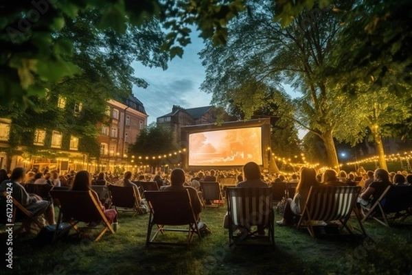 Fototapeta An open - air summer cinema in a park with people sitting and watching a movie