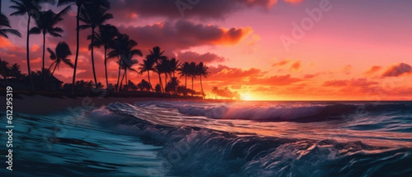 Fototapeta cloudy orange sunset with tropical beach and palm trees web banner generative ai