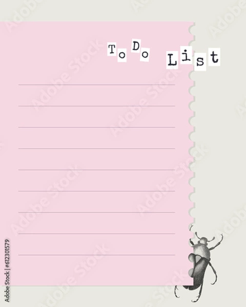 Fototapeta To do list vintage collage style with hand drawn stamp monochrome bugs, pink template for notes reminders. . Vector illustration