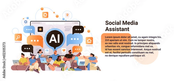 Fototapeta mix race people chatting on social media with ai helper bot assistant profile generation digital communication concept