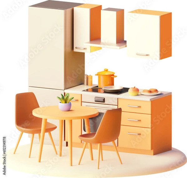 Fototapeta Vector modern kitchen with dining table. Kitchen furniture, fridge, stove and oven