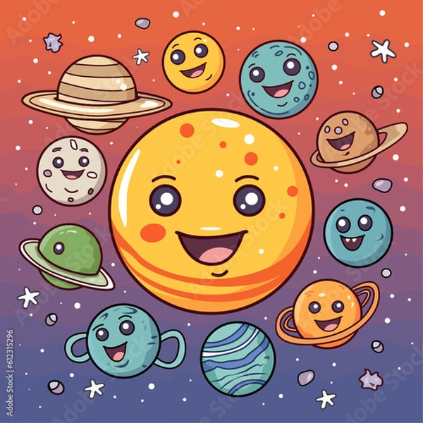 Obraz Set of cartoon planets of the solar system on universe background. Vector illustration. Suitable for wallpaper, print, t-shirt, banner, pattern.