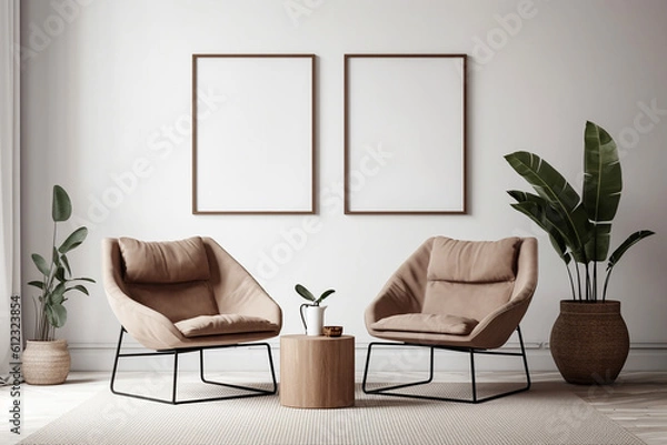Fototapeta Blank picture frame mockup on gray wall. White living room design. generative AI	