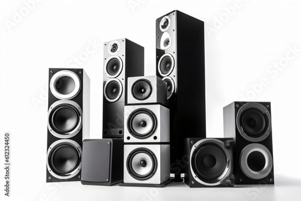 Fototapeta A large stack of vintage music audio speakers, generative ai