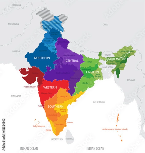 Fototapeta Map of the administrative division of India into Zones, regions and States, union territories, detailed vector illustration