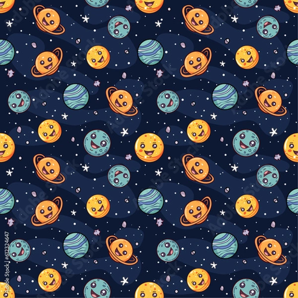 Obraz Seamless vector pattern with cartoon planets of the solar system. Vector illustration. Suitable for wallpaper, print, t-shirt, banner, pattern.