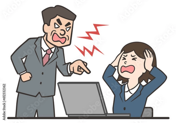 Fototapeta 男性の上司に怒られてパニックになる女性の会社員
