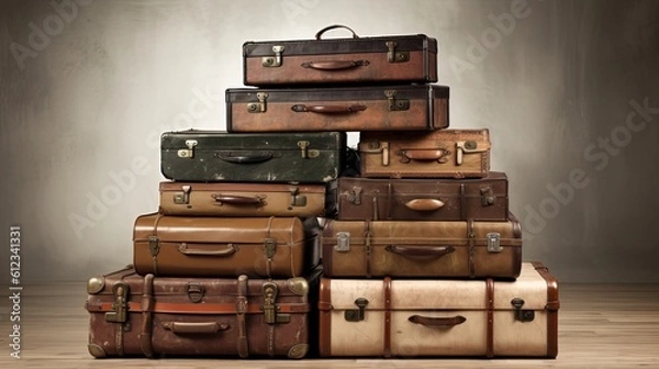Fototapeta Vintage Pile Ancient Suitcases Design Long Format Generative AI