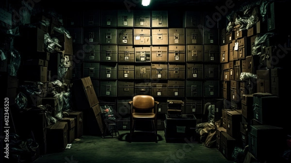 Obraz A solitary chair stands in a dimly lit room in the old abandoned basement