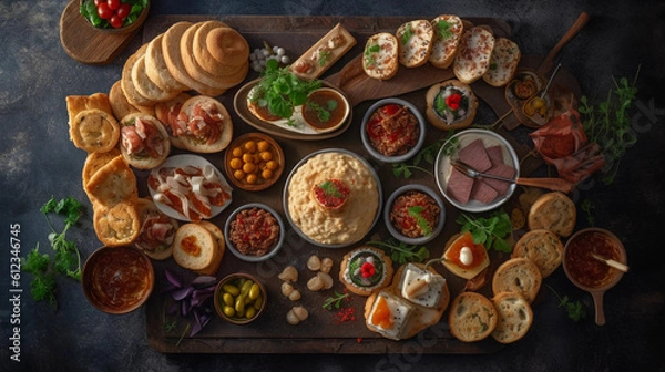 Fototapeta A selection of appetizers and finger foods, beautifully arranged on a platter