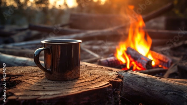 Fototapeta enamel cup of hot steaming coffee sitting on an old log by an outdoor campfire. Selective focus on mug with blurred background. Generative Ai