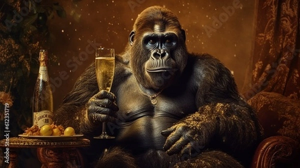 Obraz A realistic photo with a gorilla drinking. Generative ai.