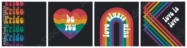Fototapeta Pride month retro square social media template. LGBT vector posters set in 70s groovy style.