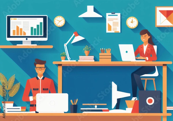 Fototapeta Flat vector illustration working office