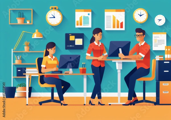 Fototapeta Flat vector illustration working office