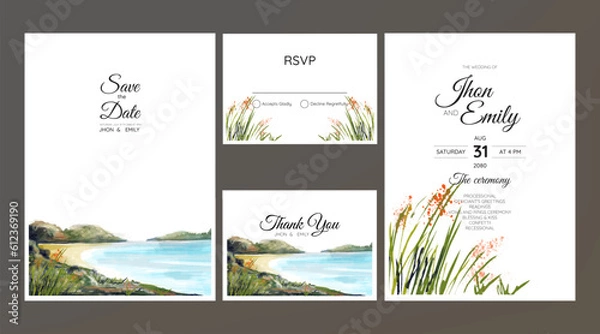 Fototapeta wedding invitation suite with watercolor romantic beach and mountains landscape