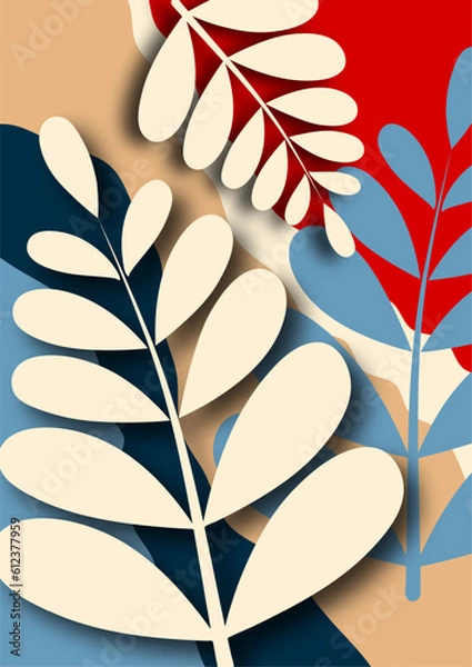Obraz Branch with plant leaves. Bright wave design ecology image Vector