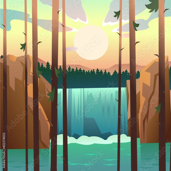 Fototapeta Waterfall in rocks. Coniferous thickets. Landscape with rocks and river among stones. Water is flowing. Splashes are pouring. Cartoon fun style. Flat design. Vector.