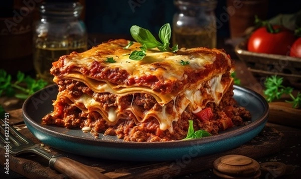 Fototapeta  a plate of lasagna on a table with a fork.  generative ai