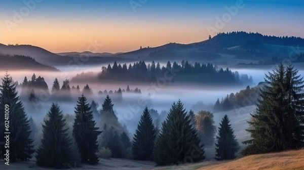 Fototapeta Rays of the morning sun breaking through the clouds and fog to the clearing of coniferous forests. Generative ai.