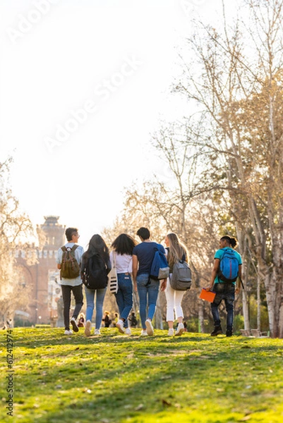 Fototapeta Back view of a row of young multi-ethnic students walking together in the park