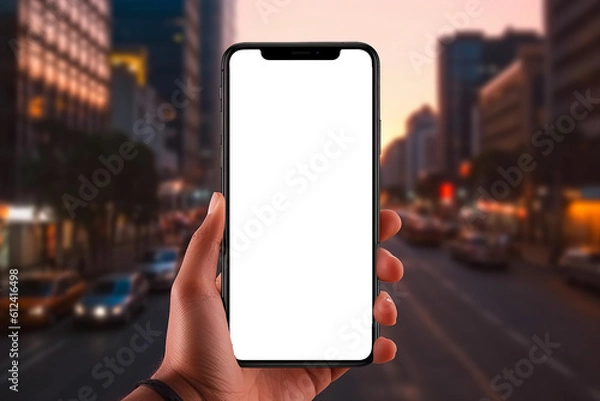 Fototapeta Smartphone mockup, smartphone with blank transparent screen on city background, generative AI. 