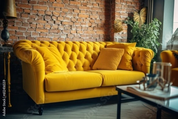 Fototapeta Close up details of a sleek, contemporary living room sofa, couch, pillows and accent mirror