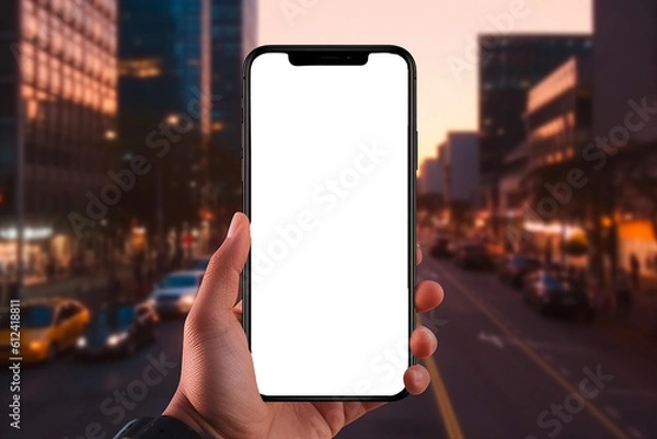 Fototapeta smartphone mockup, hand holding smartphone with blank transparent screen  on city background, generative AI. 