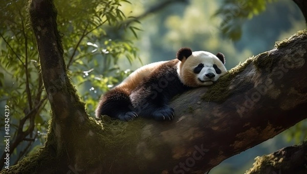 Fototapeta Panda lying on the trunk, Generative AI