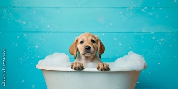 Fototapeta Labrador puppy, taking a bath in the bathtub, background pink, Generative AI